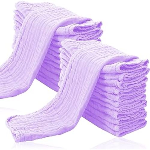 Cute Castle 24 Pack Muslin Burp Cloths for Baby - Ultra-Soft 100% Cotton Baby Washcloths - Large 20'' by 10'' Super Absorbent Milk Spit Up Rags - Burpy Cloths for Unisex, Boy, Girl - Purple