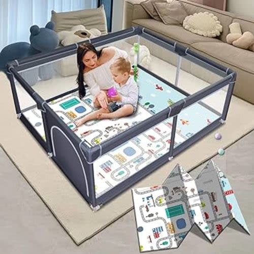 Baby Playpen with mat, Play Pen Playards, Playpen for Babies and Toddlers Play Pin Indoor Active Center Game Fence, 50x50 Inch, Grey