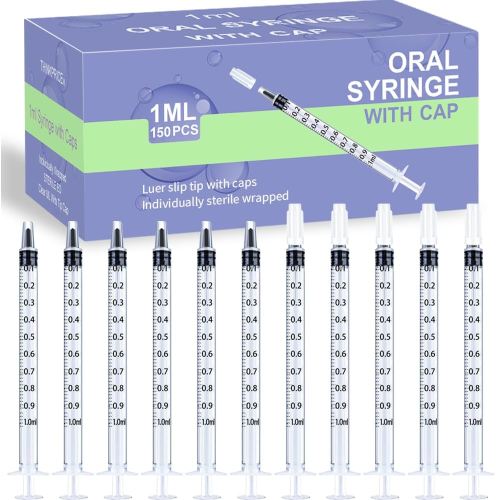 150 Pcs 1ml Syringes with Caps Oral Dispenser Individually Sterile Warpped for Medicine Dropper, Colostrum Collect Feeding Pets, Liquid