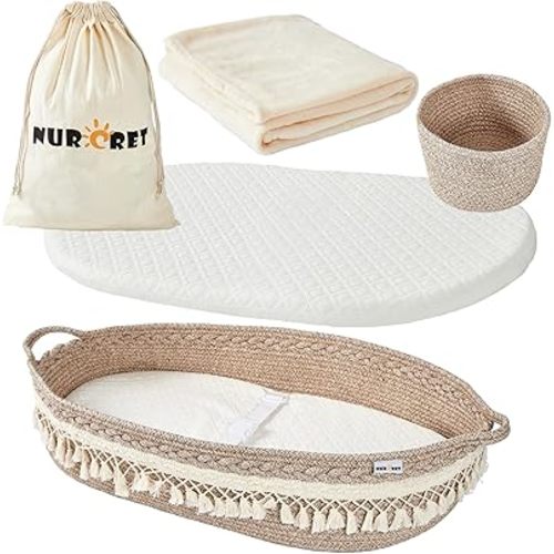 Baby Changing Basket, Foldable Portable Changing Pad, Moses Basket for Newborn, Changing Table Topper for Dresser, Cotton Rope Diaper Caddy for Travel&Nursery, Waterproof Foam Pad Cover, Brown
