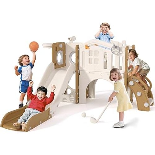 KORIMEFA 10 in 1 Toddler Slide Set - Baby Slide for Toddlers 1-3 with Ring Toss and Basketball Hoop, Indoor Outdoor Toddler Playset Playground, Coffee