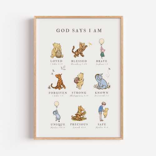 Classic Winnie The Pooh Wall Art, God Says I AM Biblical Affirmations, Christian Nursery Decor, Inspirational Scripture Print, Kid's Room