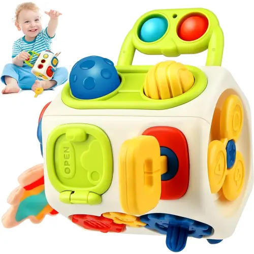 Vanmor Busy Cube for Toddlers Kids, Montessori Sensory Activities Busy Board, 10 in 1 Fidget Cube Autism Learning Travel Toys, Baby Gifts for Christmas