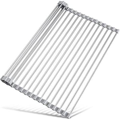Tomorotec 17.7" x 15.5" Roll Up Dish Drying Rack Over Sink Drying Rack Sink Cover Kitchen Sink Accessories Gadget Multipurpose Organizer Foldable Stainless Steel Drainer (Grey)