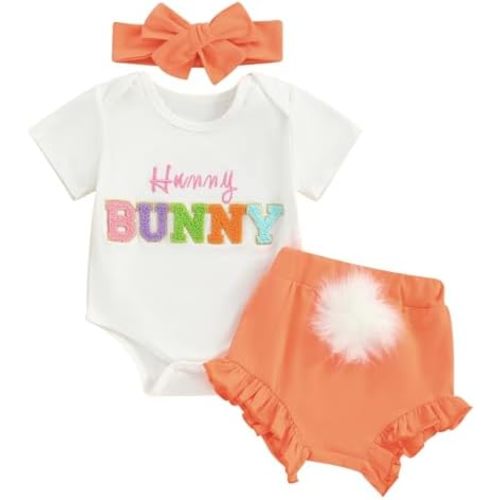 Nyapruwe Infant Baby Girl Easter Outfits Short Sleeve Bunny Letter Print Romper Bloomers Shorts with Headband 3Pcs Set