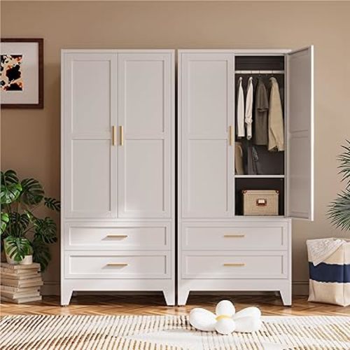 COFaR 71" Metal Wardrobe Closet with 2 Drawers & Hanging Rod, Freestanding Armoire Storage Cabinet with Adjustable Shelf and 2 Doors, White Steel Closet Organizer for Bedroom