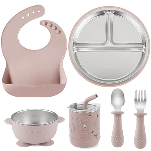 PandaEar 6-in-1 Stainless Steel Baby Feeding Set | Divided Suction Plate, Bowl, Sippy Cup with Straw, Bib, Spoon & Fork | BPA-Free Toddler Feeding Essentials for Self-Feeding, Pink