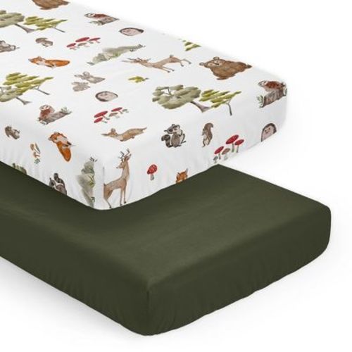 Sweet Jojo Designs Boy Girl Gender Neutral Unisex Fitted Crib Sheets Set Watercolor Woodland Forest Animals Green Brown White 2pc