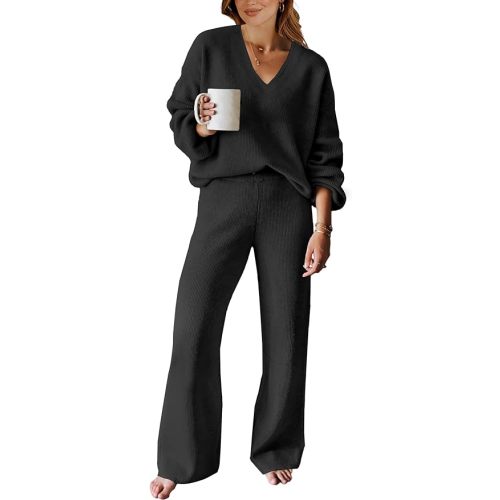 ANRABESS Women 2 Piece Outfits Sweater Lounge Sets Long Sleeve Cable Knit Pullover and Wide Leg Pants Tracksuit Matching Set