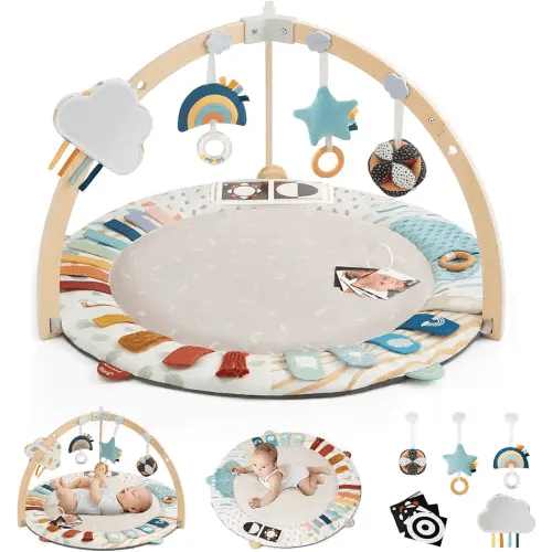 Blissful Diary Baby Play Gym & Activity Mat, 5 Developmental Zones Wooden Tummy Time Mat with 6 Detachable Sensory Toys for Motor Skills & Sensory Development, Baby Essentials Shower Gift