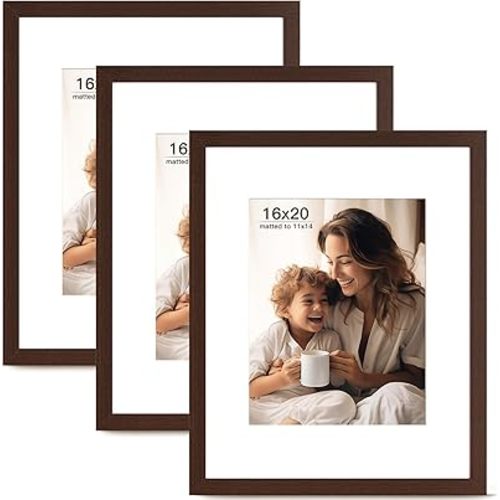 16x20 Picture Frame with Mat for 11x14 Set of 3, Drak Brown Wood Grain 16x20 Frames for Horizontal & Vertical Wall Mounting (3 Pack,Walnut)