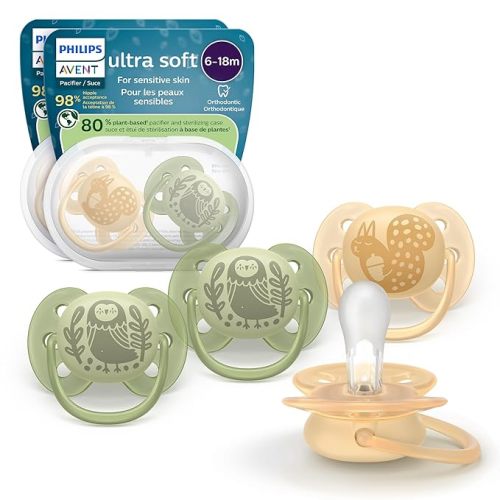 Philips Avent Ultra Soft Pacifiers - Orthodontic Design, for Babies 6-18 Months, Flexible Shield, Silicone Symmetrical Nipple, BPA-Free, 2 Sterilizing Cases, 4 Pack, SCF091/52