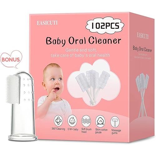 102PCS Baby Tongue Cleaner,Baby Oral Cleaner Newborn Baby Toothbrush,Disposable Infant Toothbrush Clean Baby Mouth,Gauze Gum Cleaner Stick Dental Care for 0-36 Month Baby+1 Finger Toothbrush with Case