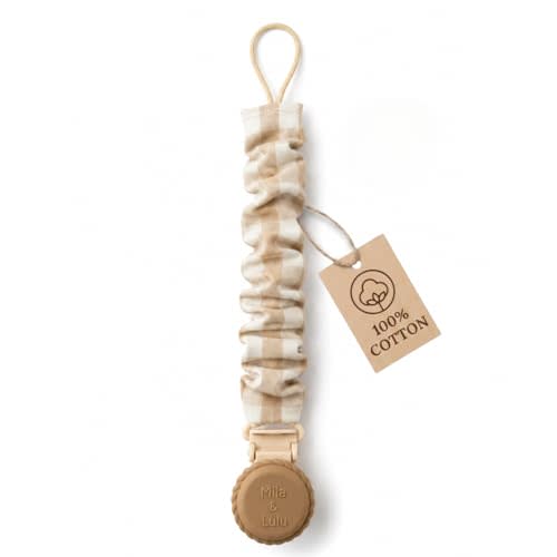 Muslin Cotton Pacifier Clips - Metal-Free, Lightweight and Secure Pacifier Holder for Babies (Hazel Miel) - Mila & Lulu