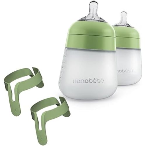 Nanobebe Silicone Baby Bottles 9oz 3pk Sage Bundled with Bottle Handles 2-Pack, Sage