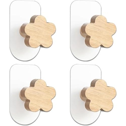 Decorative Wooden Hooks for Kids Rooms, Natural Beech, self-Adhesive Without Drilling, 4-Pack (Flower)