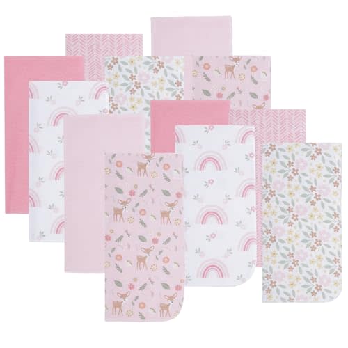 EVERYDAY KIDS 12 Pack Burp Cloths for Baby Girl; Newborn Essential with - Large Absorbent Cotton Flannel Pink Burping Cloths for Babies with Woodlands, Floral and Rainbow Prints and Solids