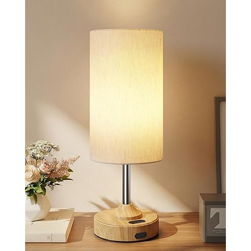 EZVALO Cordless Table Lamp, Ambient Light, Dimmable, Touch, Timer, 2700K, Bedroom, Portable, LED, Wireless, Rechargeable, Battery Operated, Desk Lamp, Fabric Shade, Wood-Grain Finish, Living Room
