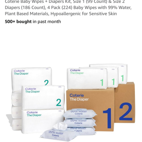 Coterie Baby Wipes + Diapers Kit, Size 1 (99 Count) & Size 2 Diapers (186 Count), 4 Pack (224) Baby Wipes with 99% Water, Plant Based Materials, Hypoallergenic for Sensitive Skin