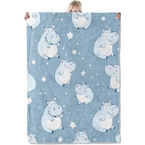 Cute Hippo Blanket 50×60 Inch,Adorable Cartoon Hippos and Stars Lightweight Flannel Throw with Blue Background, Home Living Room Decor,Gifts for Kids,Animal Lovers