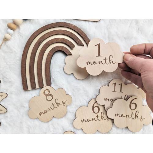 Wooden Baby Monthly Milestone Discs: Rainbow Boho Photo Props