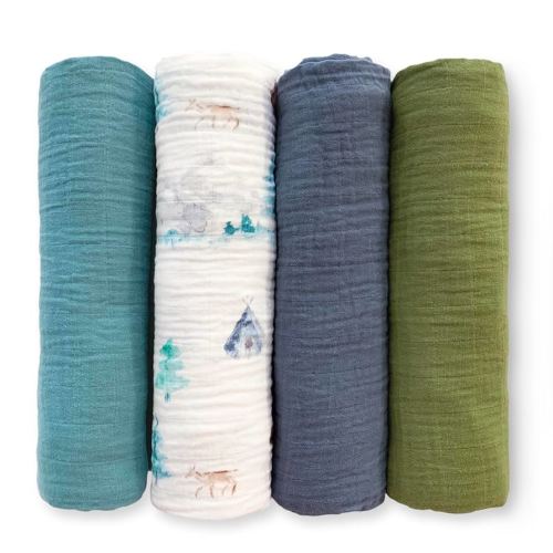 SwaddleDesigns Cotton Muslin Swaddle Blankets for Baby Boy & Baby Girl, Set of 4, Neutral Receiving Blankets for Newborn, Baby Registry & Gift, 46x46 inches, Watercolor Mountains & Trees