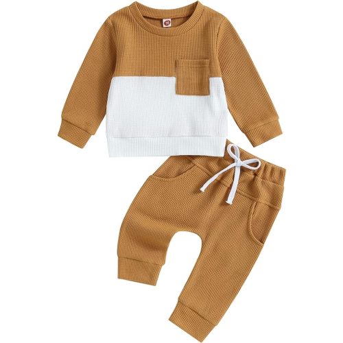 Kupretty Toddler Baby Boy Fall Winter Clothes Color Block Long Sleeve Sweatshirt Pullover Tops + Joggers Pants Outfit Set