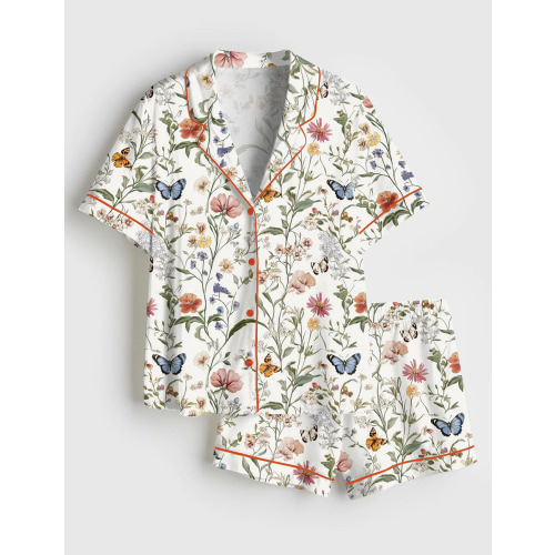 Women’s Wildflower Butterfly Vintage Spring Wildflower Print Short Sleeve Satin Pajama Set