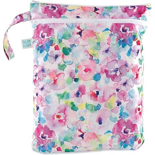 Bumkins Waterproof Wet Dry Bag for Baby, Travel, Swim Suit, Cloth Diapers, Pump Parts, Pool, Gym Clothes, Toiletry, Strap to Stroller, Daycare, Zip Reusable Bag, Packing Pouch, Watercolors Floral