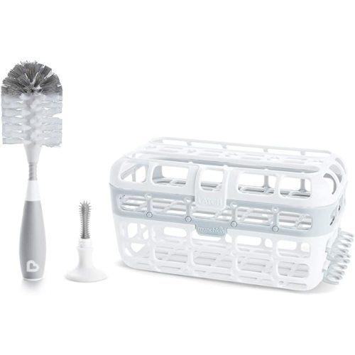 Munchkin® Baby Bottle & Small Parts Cleaning Set, Includes High Capacity Dishwasher Basket & Bristle Bottle Brush, Grey - Basket + Bottle Brush