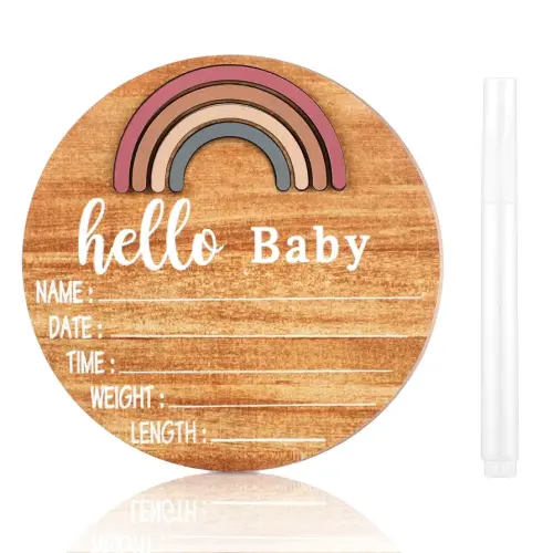 Wooden Baby Birth Announcement Sign Rainbow Baby Name Sign with Marker Pen Baby Arrival Sign Welcome Newborn Sign for Hospital Photo Prop Baby Shower Nursery Gift