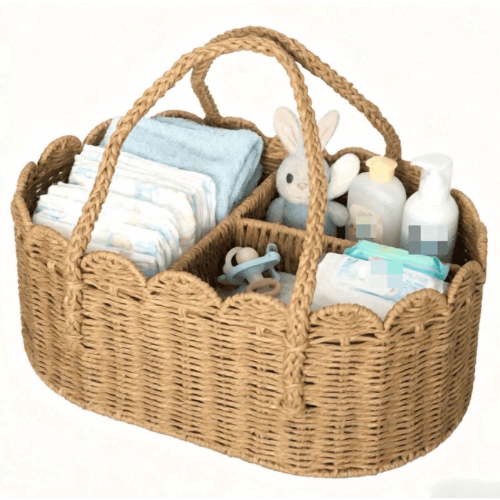 Foldable Scalloped Woven Diaper Caddy Organizer, Portable Wicker Baby Nursery Storage Basket with Handles and Removable Dividers, Boho Changing Table Organizer Bins for Wipes and Diapers
