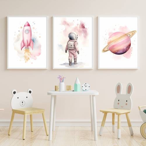 Pink Nursery Decor Space Girl Outer Space Set Of 3 Poster or Canvas, Nursery Wall Art Space, Watercolor Space Nursery Print Astronaut Print