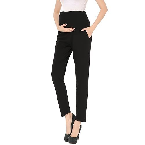Maternity Pants Work Over The Belly with Pockets, Womens Pregnancy Dress Pants Office Clothes Trousers Stretch Summer