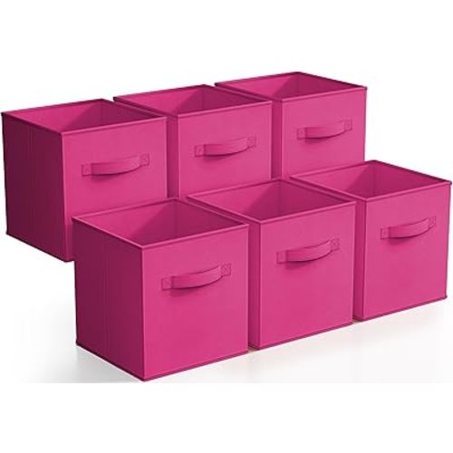 Sorbus Foldable Storage Cubes - 6 Pink Storage Bins for Organizing Pantry, Closet, Shelf, Nursery, Playroom, Toy Box, Cubby - 11 Inch Collapsible Fabric Baskets with Handle