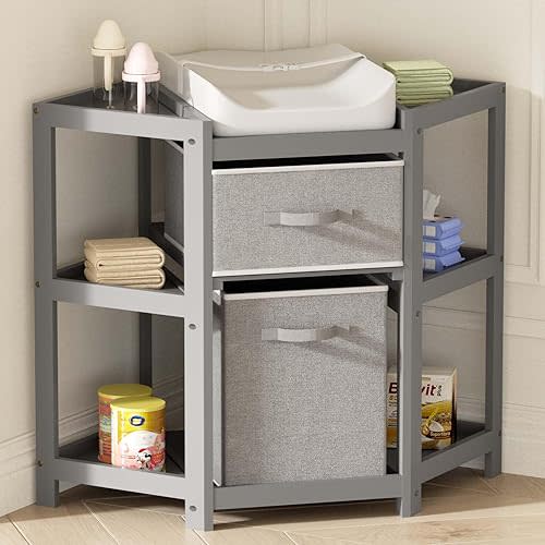 XJD Baby Corner Changing Table 2 Storage Drawers, Infant Diaper Changing Table Diaper Changing Station and Contoured Pad for Baby (Gray)