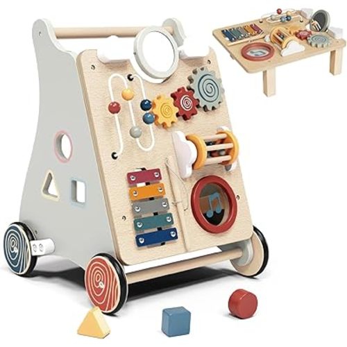 Baby Push Walker with Detachable Busy Board, Wooden Baby Walker with Adjustable Speed Wheels, Montessori Push Walker for Babies, Push Walking Toys for Boys & Girls 1 Year Old, Gifts for Toddler