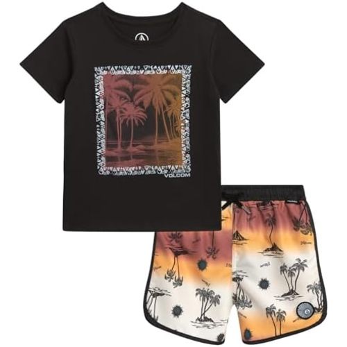 Volcom Baby Boys Swim Set - 2 Piece Short Sleeve Swim Shirt Graphic Tees & Board Shorts - Infant Toddler Little Boys Swimsuit