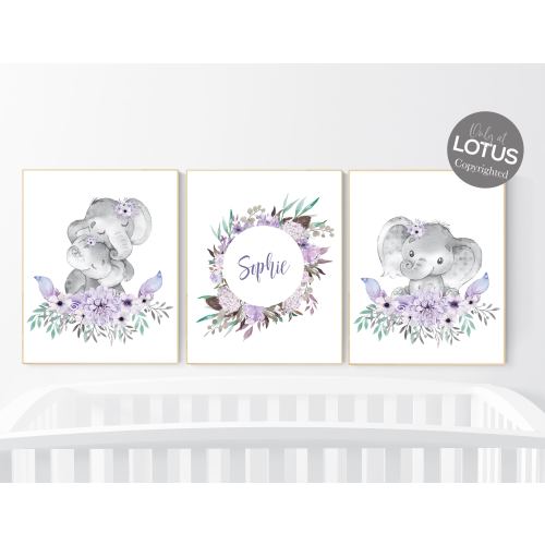 Personalized Elephant Nursery Wall Art Set of 3 - Purple Floral Baby Girl Name Print - Safari Animal Poster - Boho Nursery Decor