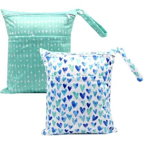 2pcs Cloth Diaper Wet Dry Bags Waterproof Reusable with Two Zippered Pockets Stroller Travel Beach Pool Daycare Soiled Baby Item Yoga Gym Bag for Swimsuits or Wet Clothes-Green Hearts