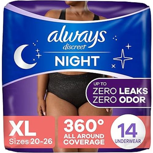 Always Discreet Overnight Adult Incontinence & Postpartum Bladder Leak Underwear for Women, Disposable, XL, 14 Count