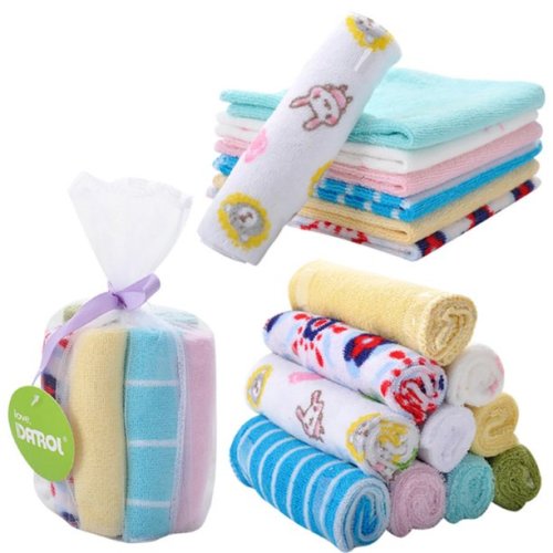 8pcs/Pack Baby Square Washcloth Natural Cotton with Cartoon Printed, Newborn Baby Face Towel Perfect Gift, Extra Soft, Breathable, can be used as bibs wipes, 8.7x8.7in