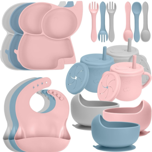 24 Pack Silicone Baby Feeding Set - 6+ Months Food Grade Baby Feeding Essentials | Silicone Bibs, Baby Bowls and Plates, 3 in 1 Baby Sippy Cup, Spoons and Fork Set | Free of BPA/PVC/Lead/Phthalate