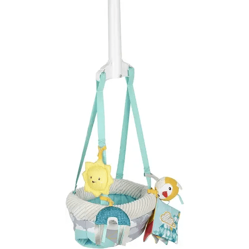 Evenflo Exersaucer Baby Hanging Clampable Doorway Jumper with 4 Removable Toys, Peek a Boo Flip -Book, and Mirror, Sweet Skies
