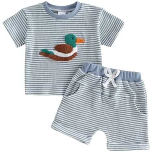 Douhoow Toddler Boy Summer Outfits Striped Duck Embroidered Baby Boy Tshirts Tops Shorts Waffle Festival Clothes
