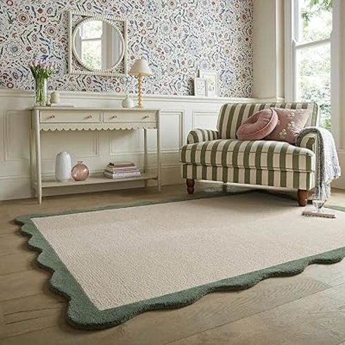 Bonnie Scallop Area Rug – 4’ x 6' – Handmade Wool Area Rugs – Green – Rugs for Living Room, Bedroom – Anti-Skid – Carpets with Non-Slip Natural Backing with 100% Cotton