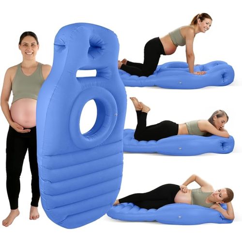 Inflatable Pregnancy Pillow, Inflatable Pregnancy Pool Float with Belly Hole, Comfort for Stomach & Side Sleepers – Relieves Back & Hip Pain, Blue