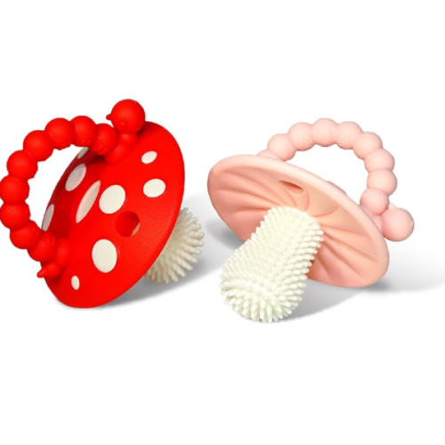 RaZbaby Chompy Teether – Soft Silicone Teething Toy for Infants & Babies 3M+, Massaging Bristles for Teething Relief, Hands-Free & Easy to Hold, Sensory Development, BPA-Free – Great Gift – Red/Pink