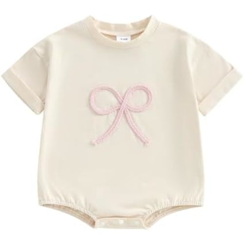 Newborn Baby Girl Clothes Bow Emboridery Short Sleeve Bubble Romper Oversized Tshirt Romper Cute Summer Outfit
