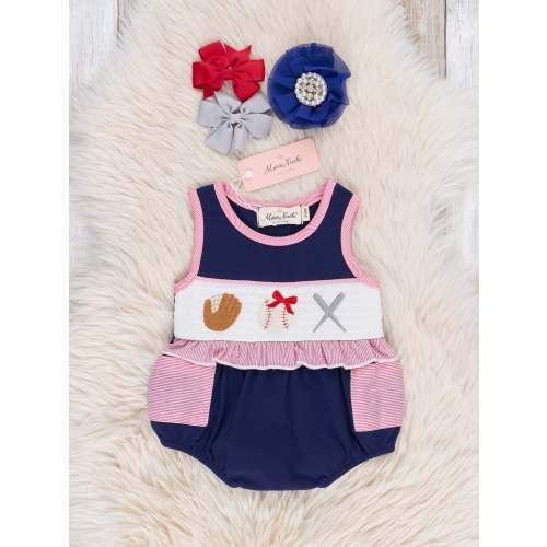 6-12 months Baseball Smocked Ruffle Bubble